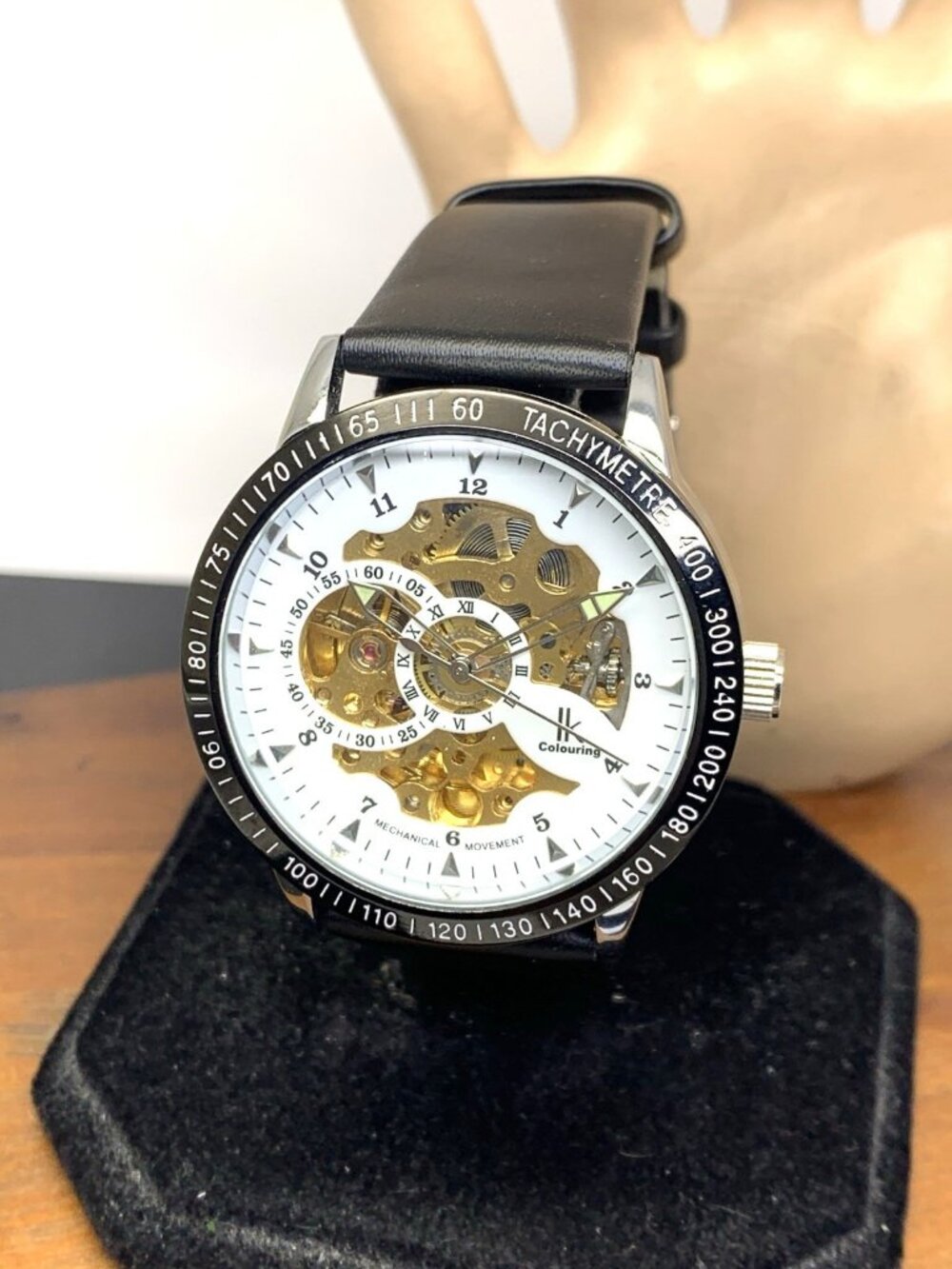 IK Colouring Men's Watch Automatic Gold White Dial Black Leather Band 42mm